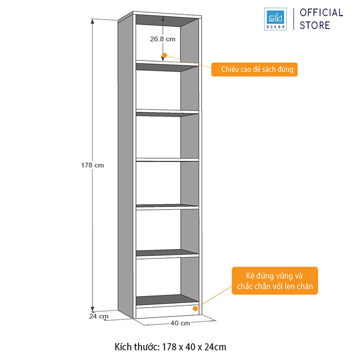Kệ Sách Để Sàn Gỗ Chống Ẩm Cao Cấp SIB Decor (178 x 40 x 24cm)