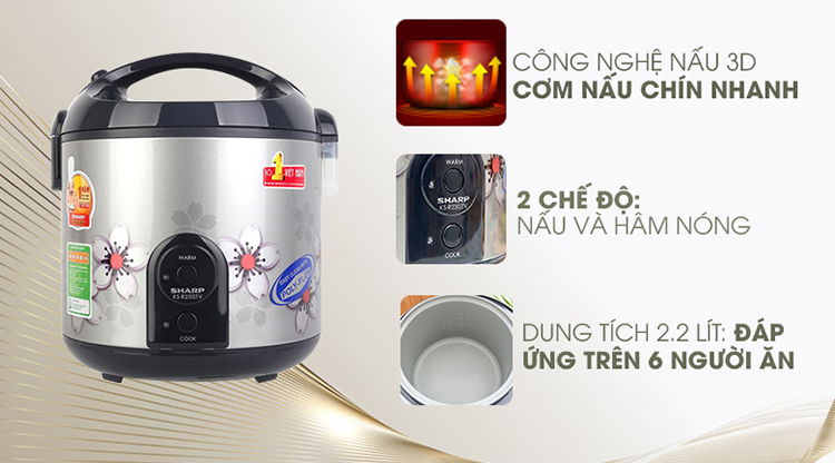 Nồi Cơm Điện Nắp Gài Sharp KS-R231STVSS (2.2L) - Hàng chính hãng