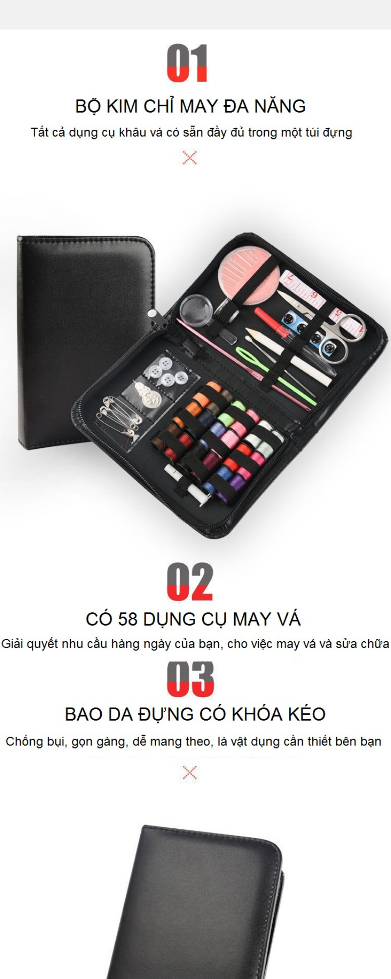 Bộ Kim Chỉ May Vá Quần Áo Xách Tay Mini 58 Món Tiện Lợi Kèm Bao Da Cao Cấp-Hàng Chính Hãng