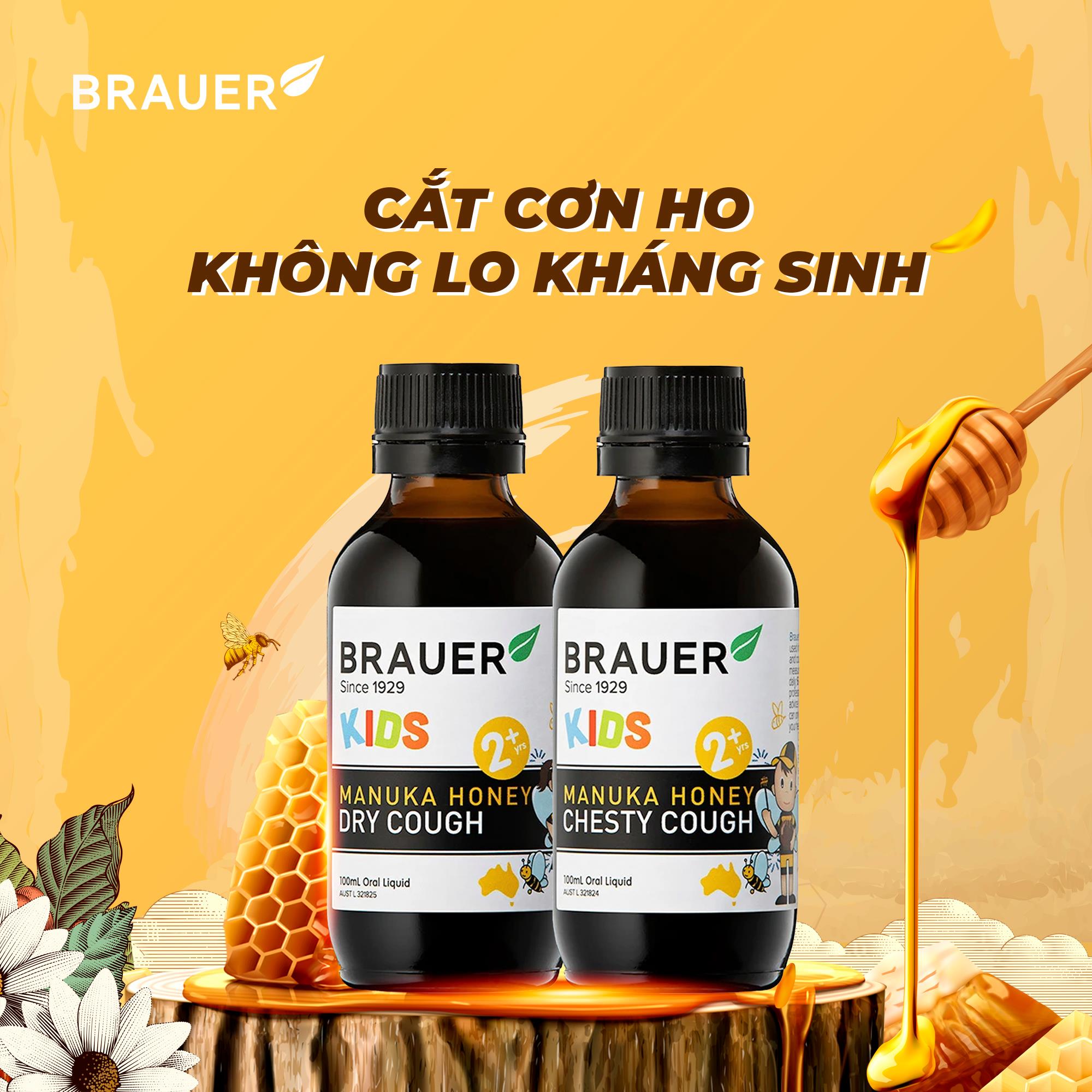 Siro hỗ trợ giảm ho cho trẻ từ 2 tuổi Brauer Manuka Honey Úc