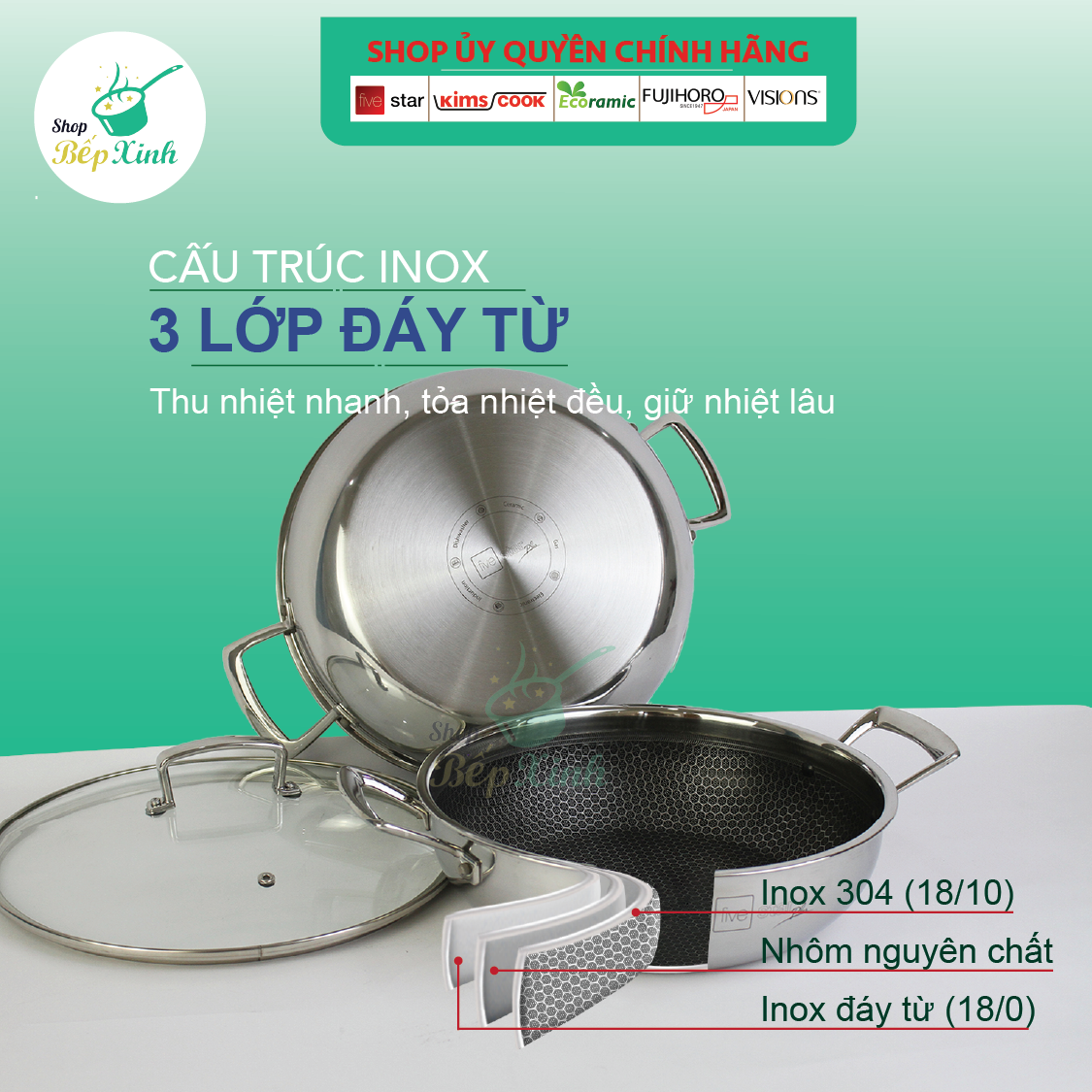 Chảo tổ ong chống dính 2 quai 3 lớp đáy liền inox 304  FiveStar 24cm / 26cm /28cm  , tặng 1 sạn inox
