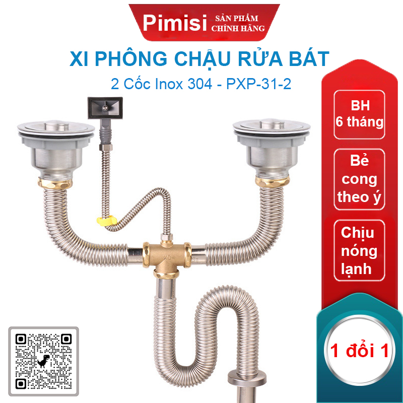 Xi phông chậu rửa bát 2 hố Pimisi PXP-31-2 inox cao cấp