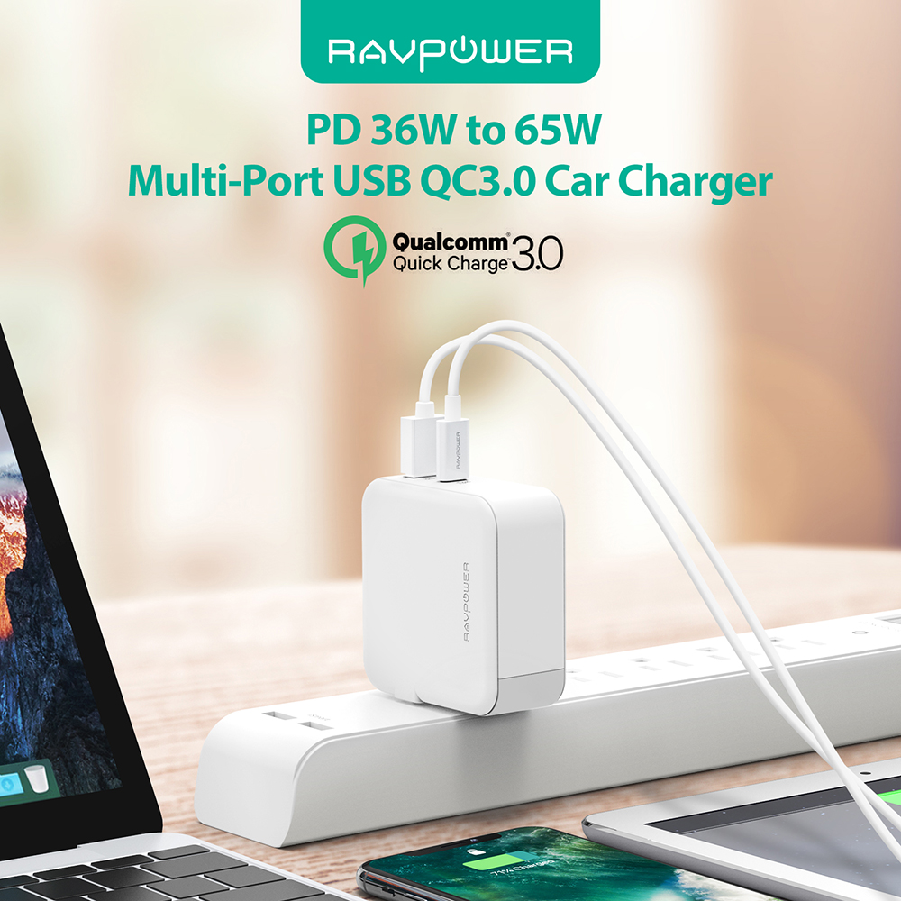 Sạc RAVPower RP-PC082, PD65W, USB-C, QC3.0, EU Plug - Hàng Chính Hãng
