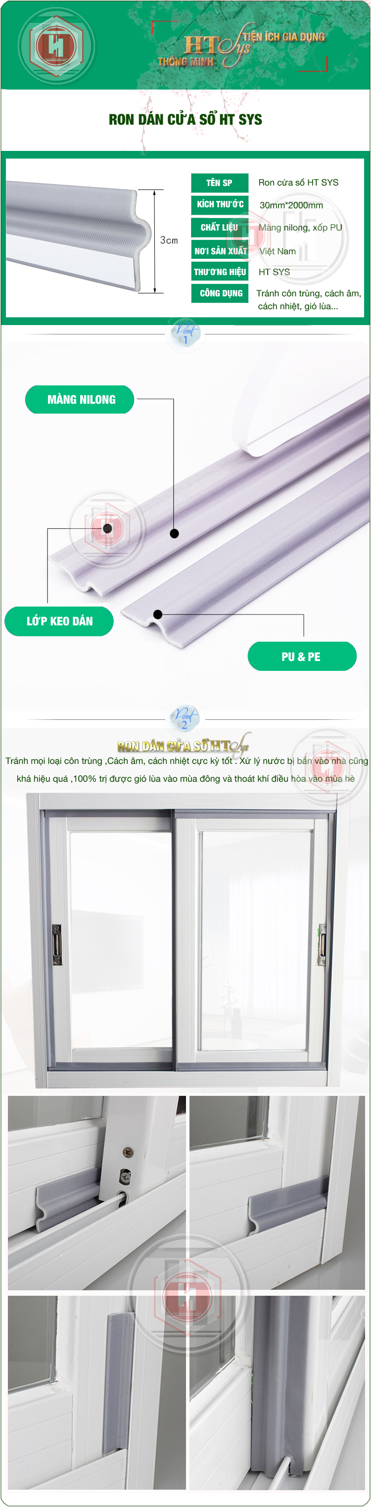 Ron Chặn Khe Cửa HT SYS - Chất Liệu PU Và PE Cải Tiến, Dài 2 Mét - Cuộn Ron Dán Khe Cửa, Chân Cửa, Khung Cửa - Ngăn Gió Lùa, Cách Âm, Chống Bụi, Ngăn Côn Trùng, Chống Thoát Khí Điều Hòa, Chống Va Đập Cửa - Hàng Chính Hãng