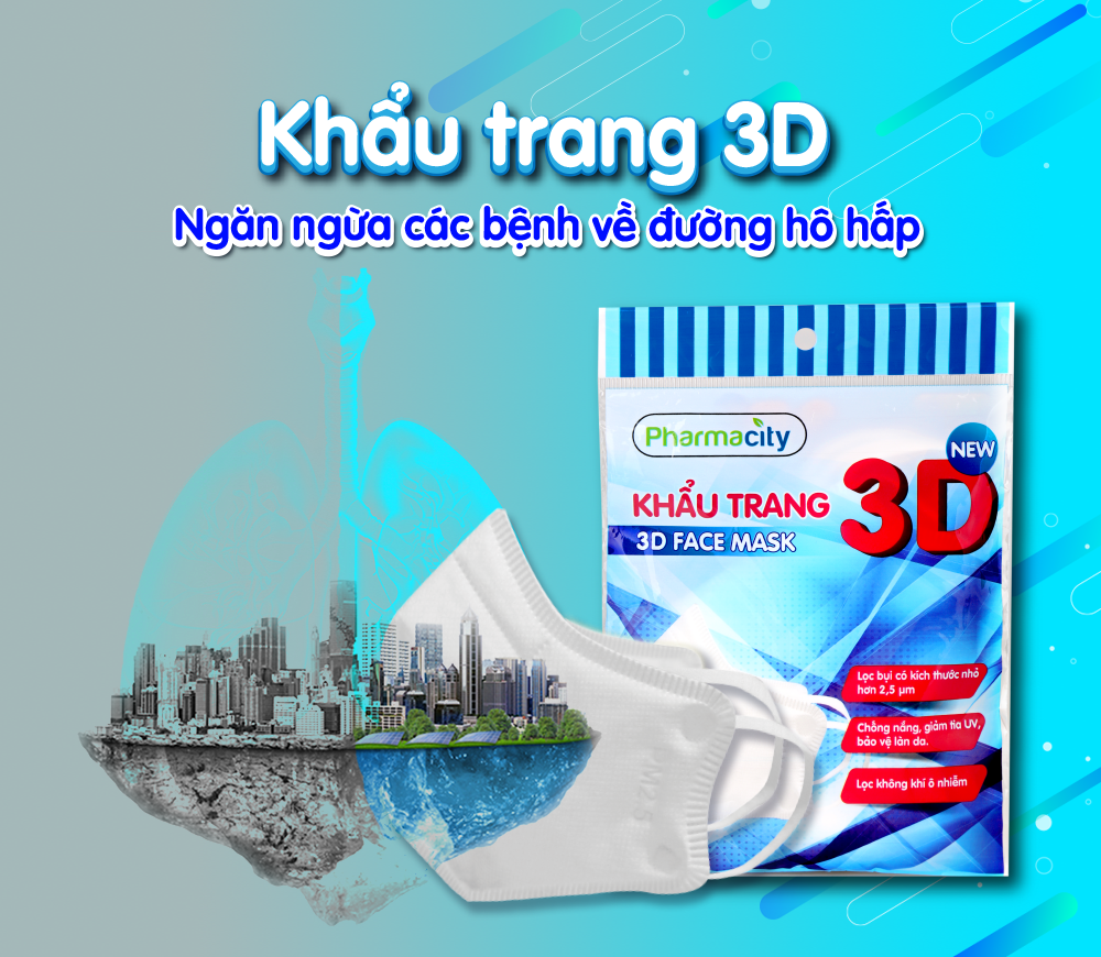 Khẩu trang y tế 3D Pharmacity màng lọc N95 lọc bụi mịn và 99% vi khuẩn (Gói 5 cái)