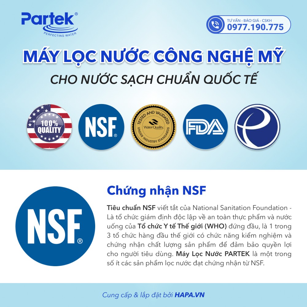 Chứng nhận chất lượng của Kết quả thí nghiệm của Bộ Tiền Xử Lý Nước PARTEK P4540-PT-(S/K) - Hàng Chính Hãng