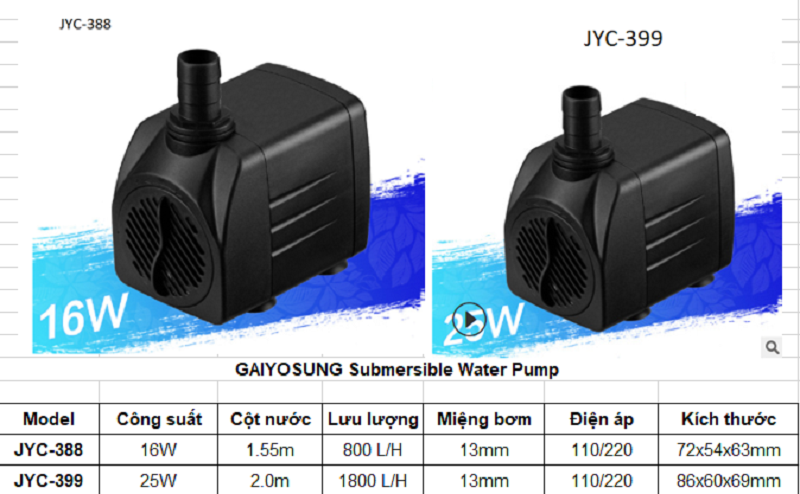 Máy bơm chìm 220V 16W/25W dùng cho bể cá bể thủy sinh