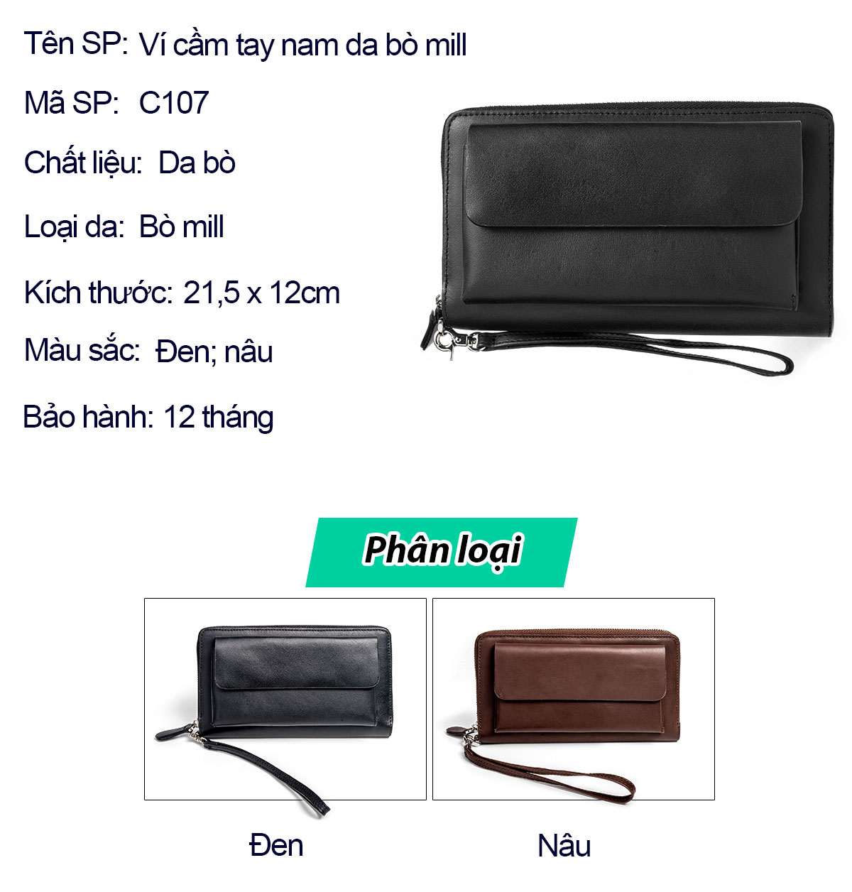 Ví dài cầm tay da bò Mill cao cấp Bụi Leather C107 - Bảo hành 12 tháng