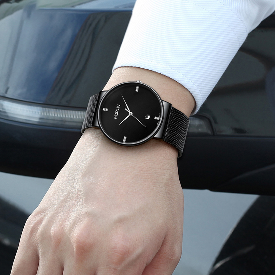 Đồng hồ nam dây thép mặt kính MODUN B333 fullbox chống nước chống xước gia dụng aloma