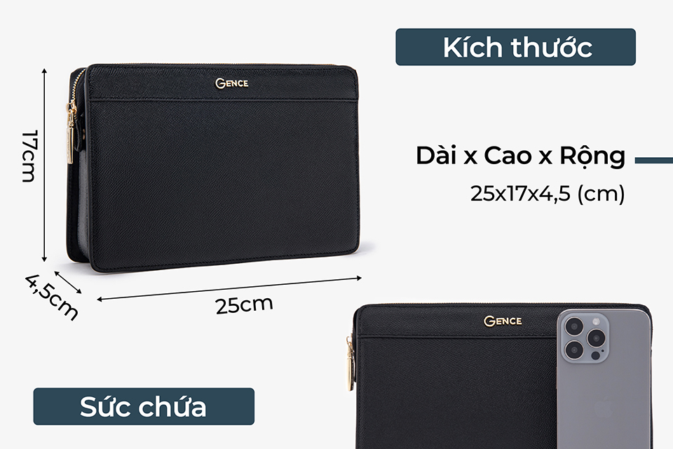 Clutch Da Hàng Hiệu Ví Nam Cầm Tay Công Sở GENCE HT11 Da Bò Cao Cấp Màu Đen