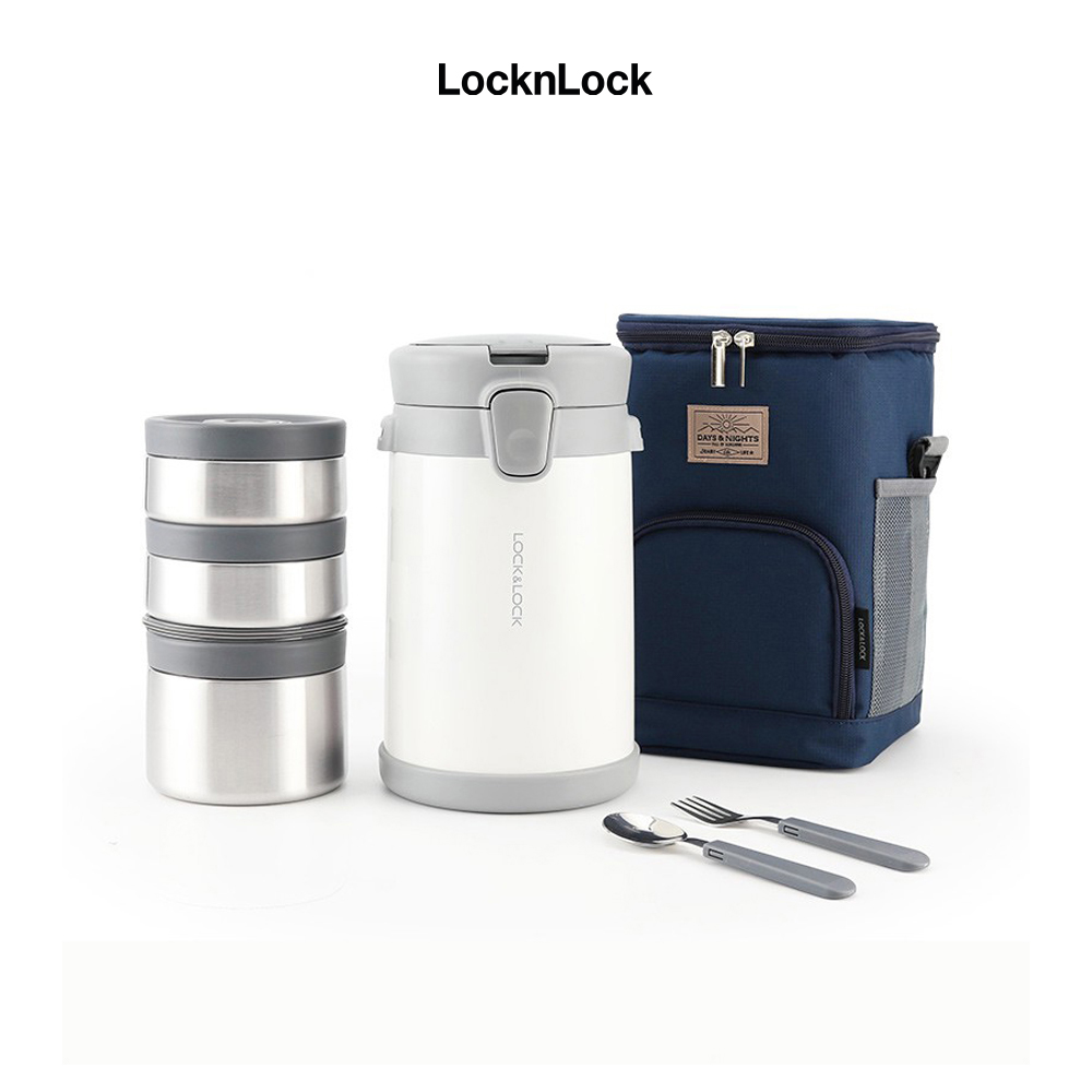 Bộ Hộp Cơm Giữ Nhiệt Lock&Lock Easy Carry 2L LHC8039WHT Có Túi 1 Hộp 720ml, 2 Hộp 420ml Kèm 1 Bộ Muỗng Và Nĩa Màu Trắng