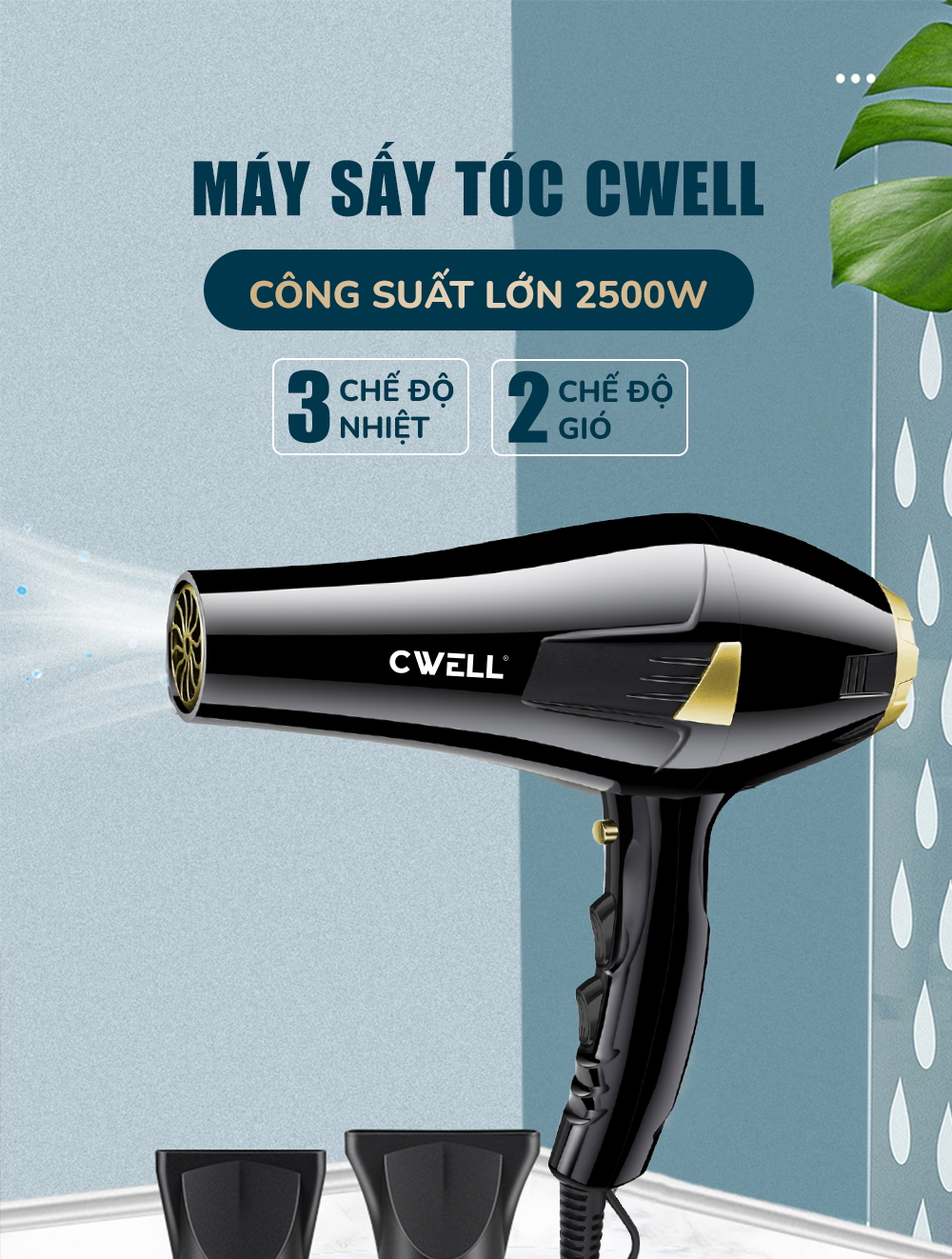 Máy sấy tóc công suất lớn CWELL 2500W, 3 chế độ nhiệt 2 chế độ gió, tạo kiểu tóc Chuẩn Salon C06HD