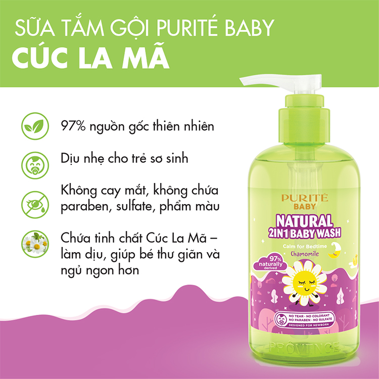 Sữa Tắm Gội Purité Baby Cúc La Mã Natural 2in1 Baby Wash Chamomile (500ml)