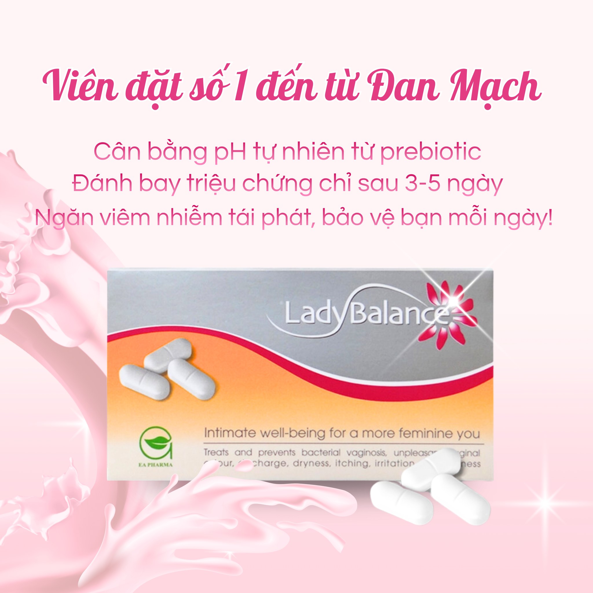 Viên đặt bảo vệ sức khoẻ phụ khoa và duy trì cân bằng môi trường phụ khoa LadyBalance - Đan Mạch - Hộp 12 viên - Không chứa kháng sinh, an toàn tuyệt đối cho bà bầu