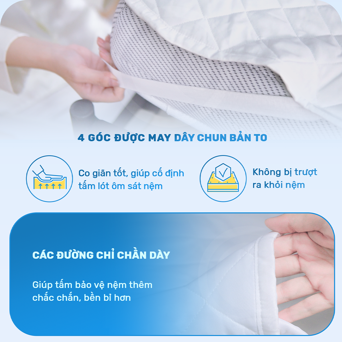 Tấm bảo vệ đệm cao cấp 3 lớp chần bông ô vuông -  Ngăn nước bụi bẩn - Giữ sạch nệm
