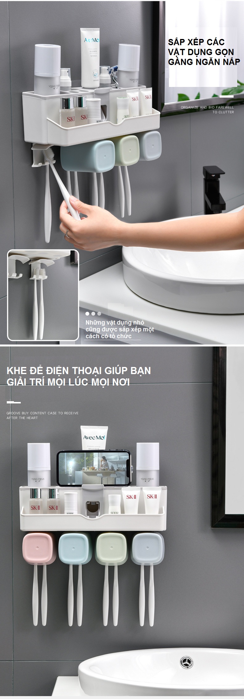 Giá Treo Bàn Chải Đánh Răng, Lấy Kem Đánh Răng Tự Động, Lưu Trữ Vật Dụng Ngăn Nắp - Tặng Kèm 4 Cốc Và Miếng Dán Tường - Chính Hãng