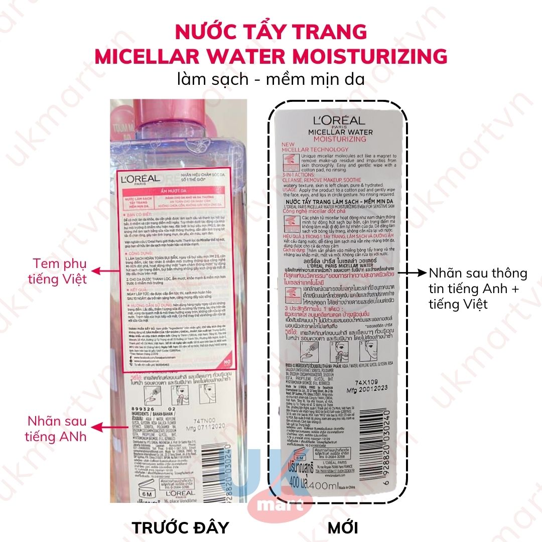 Nước Tẩy Trang L'Oreal Paris Cho Mọi Loại Da 3-in-1 Loreal Micellar Water Da Dầu Da Nhạy Cảm Da Khô