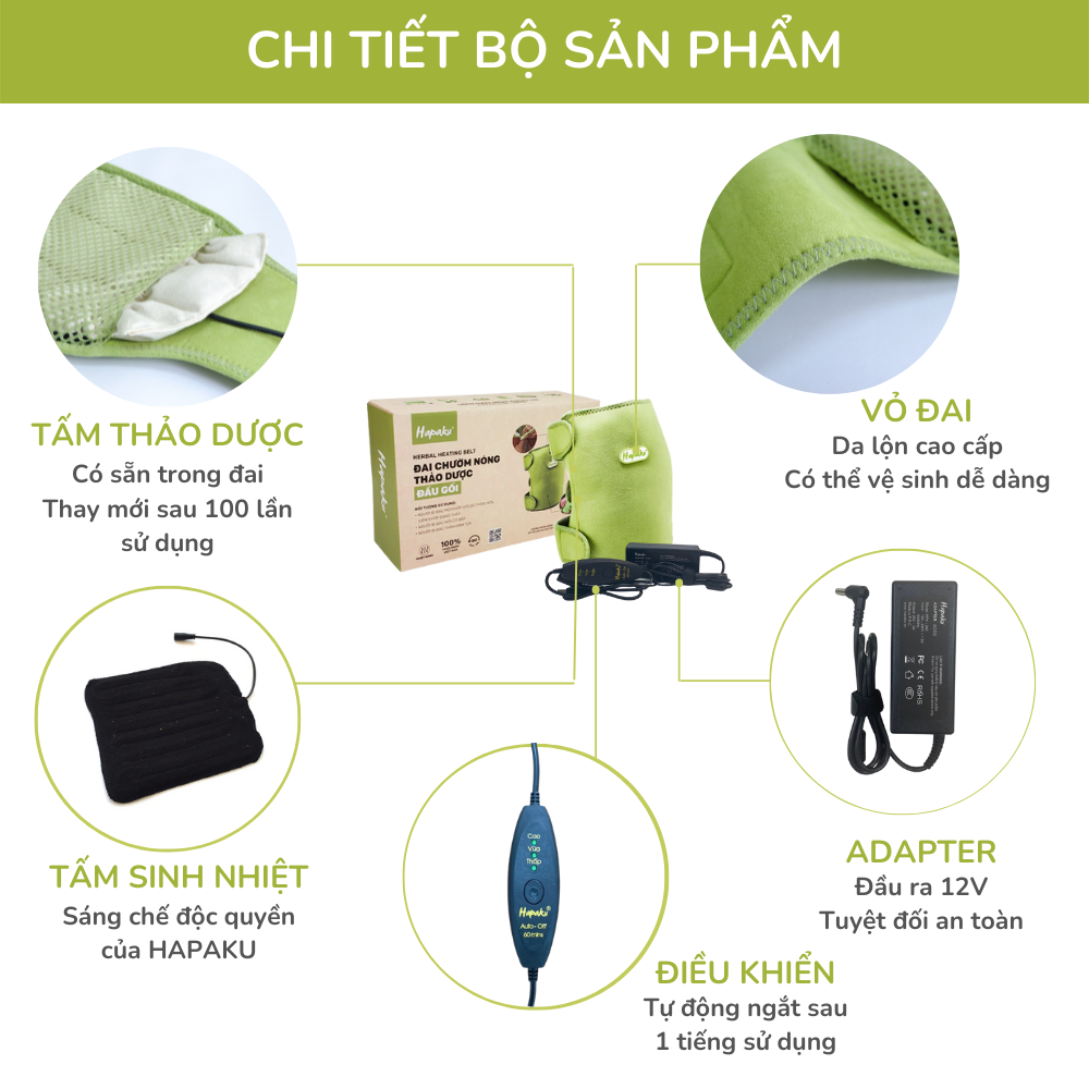 bộ đai chườm nóng thảo dược giảm đau đầu gối dùng điện - hapaku 2