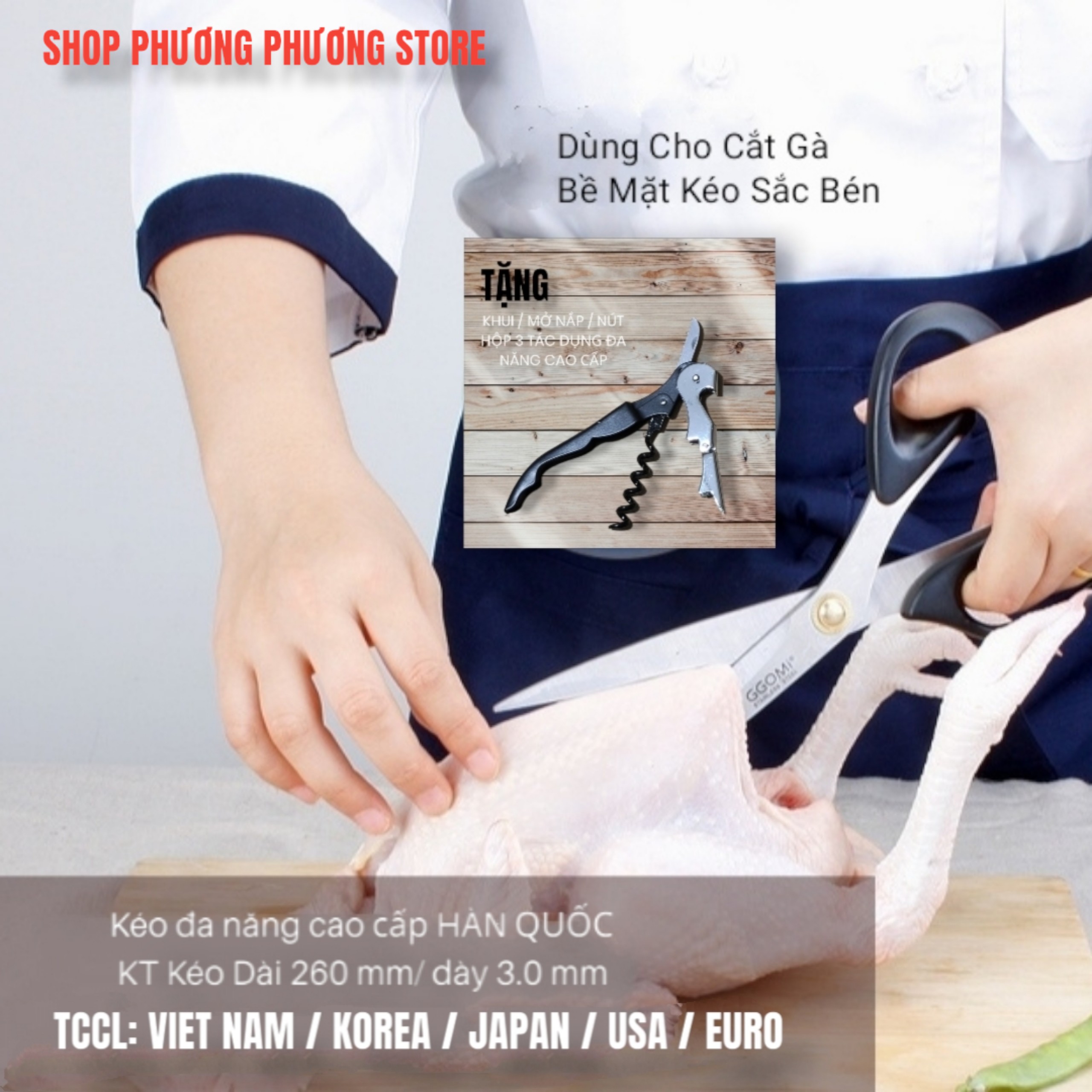Kéo Xịn GGOMI Hàn Quốc Nhà Bếp Kéo Cắt Gà Cắt Đồ Đa Năng Cao Cấp ( Tặng Khui Hộp 3 in 1 )
