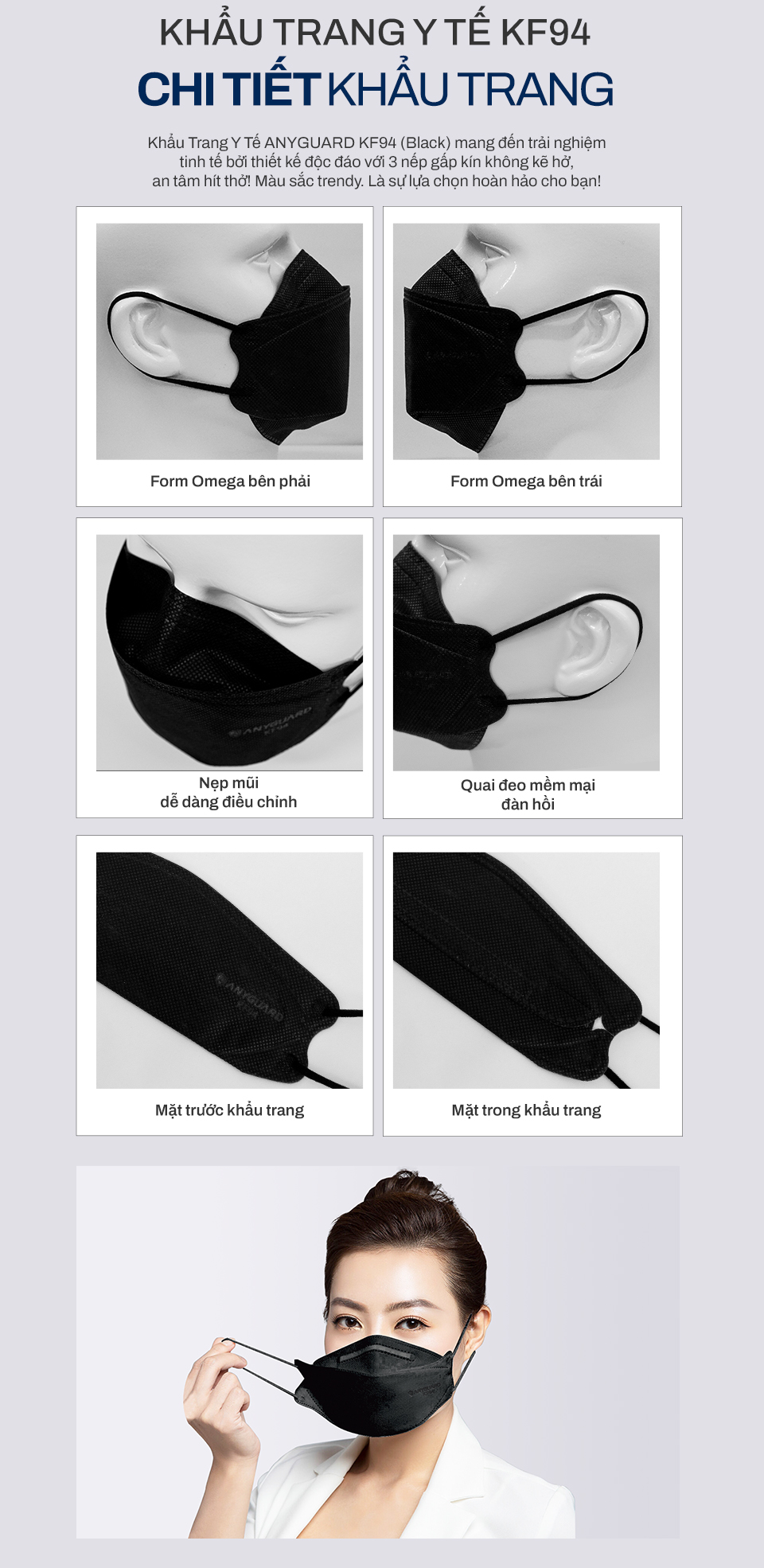 Khẩu Trang Y Tế Hàn Quốc Chính Hãng ANYGUARD KF94 Lọc Bụi Mịn PM2.5, 4 Lớp Ngăn 99% Vi Khuẩn, An Toàn Cho Da Nhạy Cảm, Combo 15 cái Màu Đen
