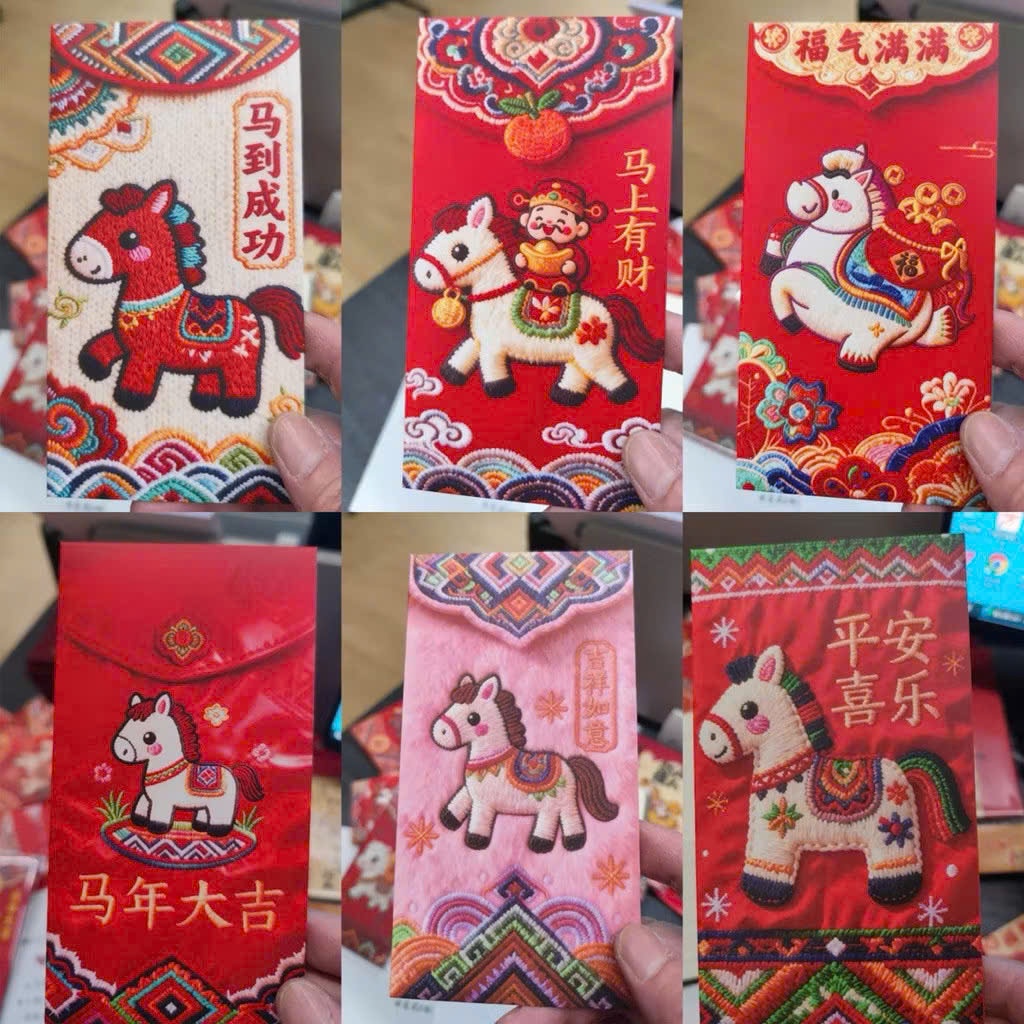Set Lì Xì Ngựa Thêu In Bìa Đẹp, Bao lì xì Tết Bính Ngọ 2026, Loại Dày Sắc Nét