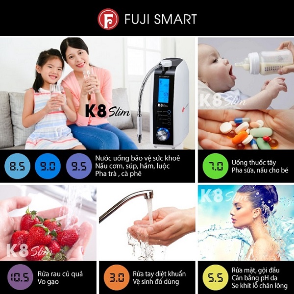 Máy lọc nước điện giải Fuji Smart K8 Slim tạo được đa dạng loại nước chức năng chăm sóc sức khỏe cho cả gia đình