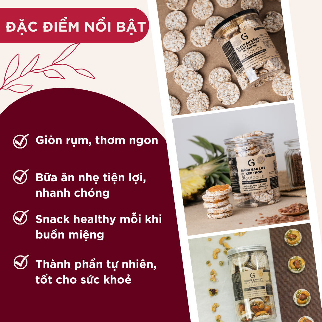 Snack gạo lứt ngũ cốc nguyên hạt GUfoods - Không chiên dầu, Đa dạng hương vị, Thanh đạm, Lành mạnh, Phù hợp Eat clean, Ăn vặt healthy, Tiện lợi, Thuần chay