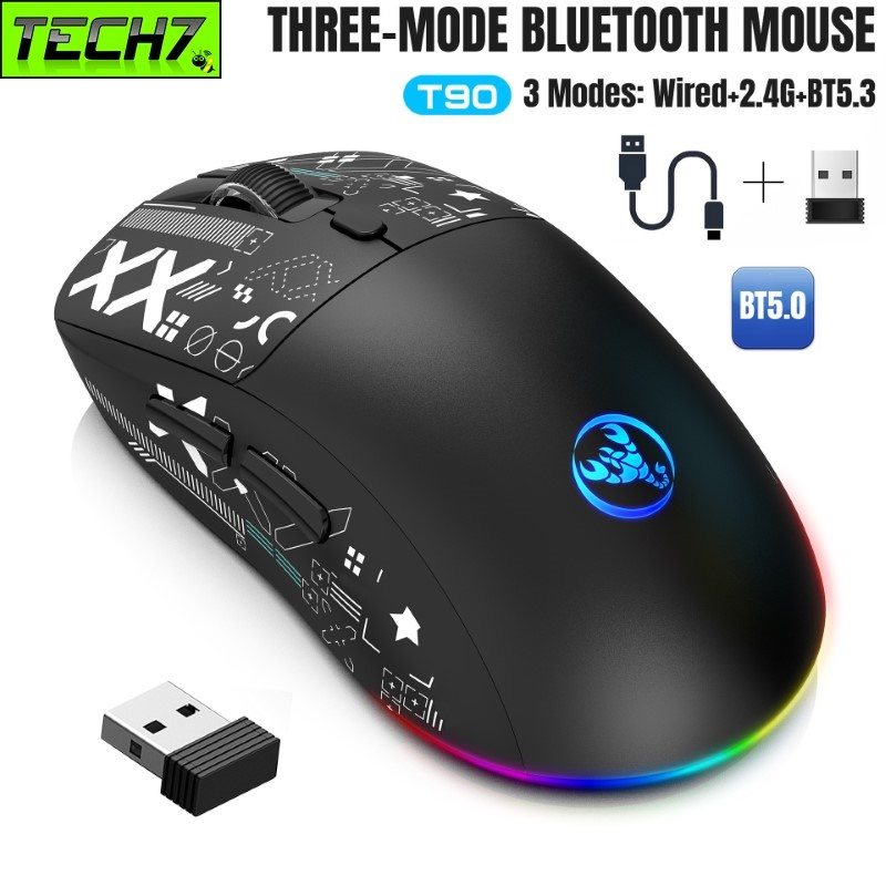 Chuột Led RGB Không Dây chống ồn T90 đa kết nối Bluetooth 5.3 + Usb 2.4 + Cáp 3600Dpi Pin Sạc TypeC hàng nhập khẩu
