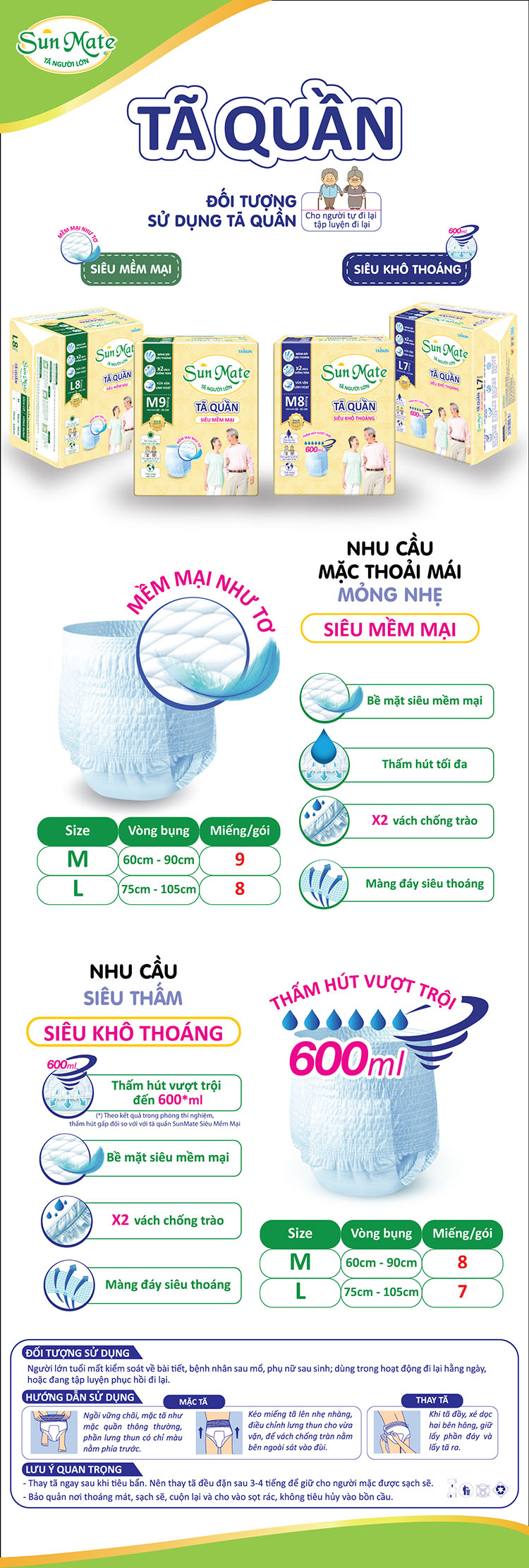 Combo 2 Tã Quần Người Lớn Sunmate Mềm Mại M9 (9 Miếng)