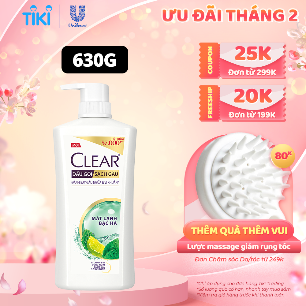 Dầu Gội Clear Sạch Gàu Dầu Gội Sạch Gàu Mát Lạnh Bạc Hà 3X Sức Mạnh Đánh Bay Gàu, Ngứa, Vi Khuẩn 630g