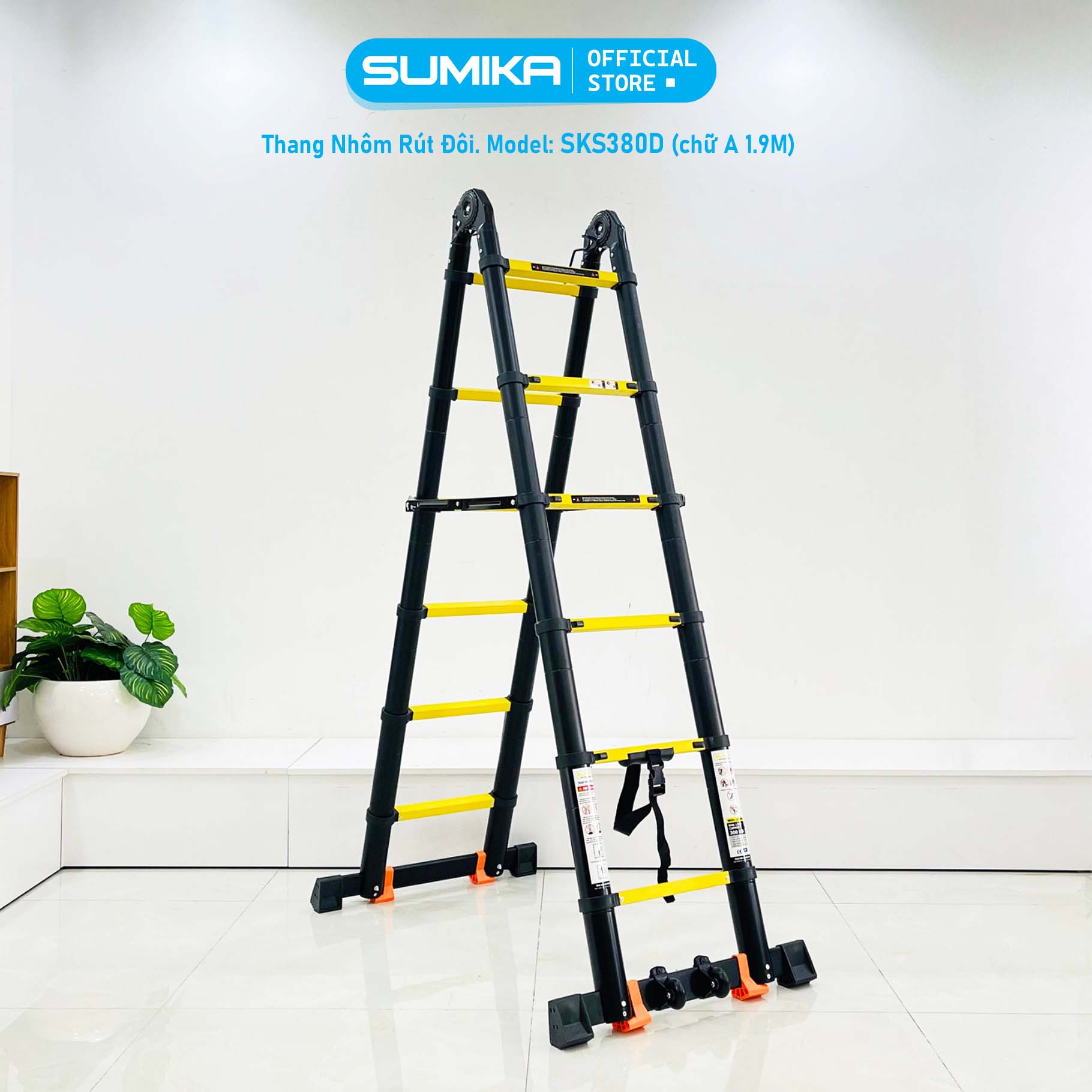 Thang nhôm rút đôi SUMIKA SKS380D, sơn tĩnh điện, rút chữ A cao 1.9m, rút chữ I cao 3.8m, tải trọng 300kg