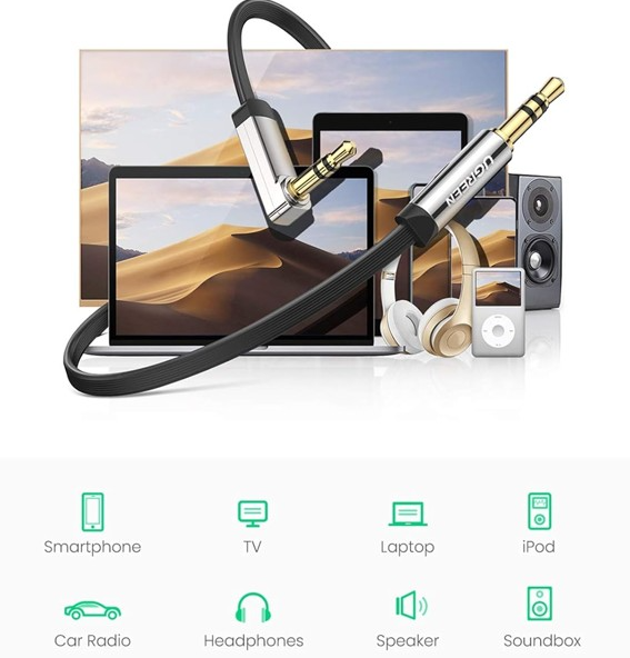 Cáp âm thanh 3.5Mm dẹp góc vuông 10598 2 đầu đực mạ vàng dài 1.5m UGREEN Av119 - HÀNG CHÍNH HÃNG