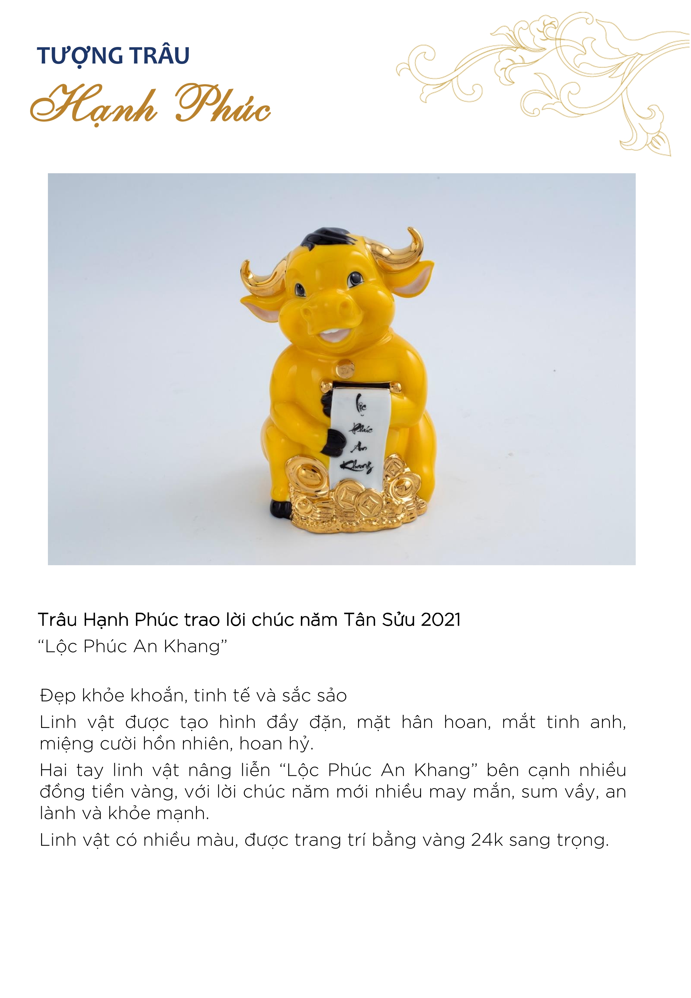Trâu Hạnh Phúc Trang Trí Vàng 24K Gốm Sứ Minh Long