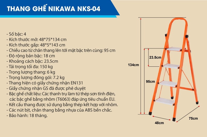 Thang Ghế Nikawa NKS-04 - 4 Bậc - 92cm - Màu Cam