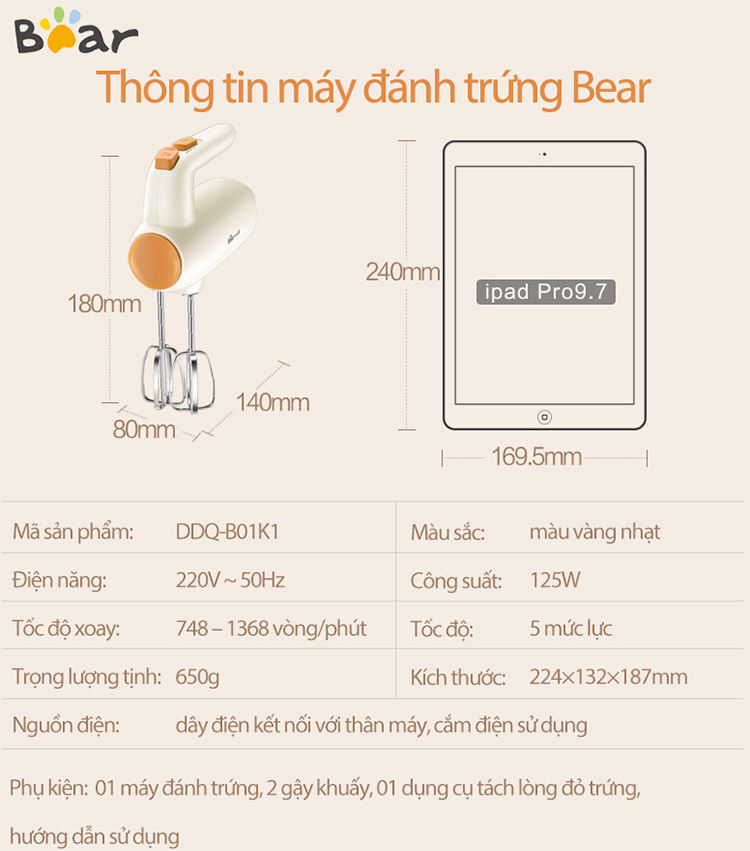 Máy Đánh Trứng Cầm Tay Bear DDQ-B01K1 - Phiên Bản Quốc Tế - Hàng Chính Hãng