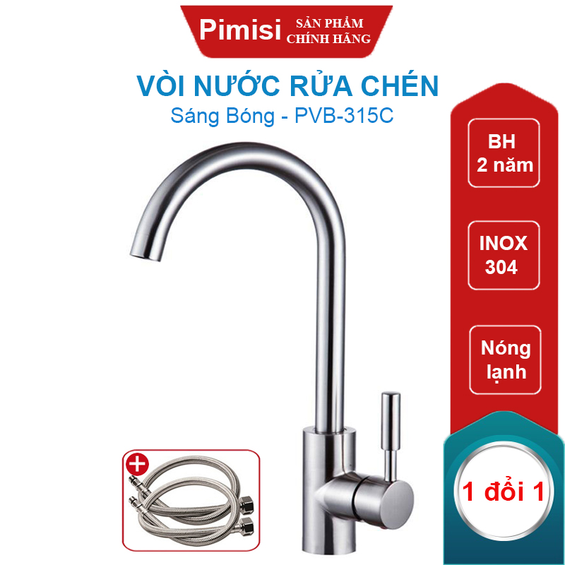 Vòi Nước Rửa Chén Nóng Lạnh Pimisi PVB-315C Inox 304 Mạ Sáng Bóng Dùng Cho Chậu Rửa Bát 1-2-3 Hố Trong Nhà Bếp, Kiểu Cổ Ngỗng, Chỉnh Nhiệt Gật Gù Gắn Bồn Rửa Âm - Dương Bàn Đá, Quay 360 Độ Tăng Áp Nhẹ, Kèm 2 Sợi Dây Cấp Nước Vòi Rửa Bát | Hàng Chính Hãng