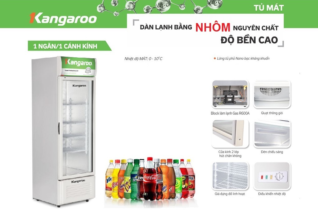 Tủ mát kháng khuẩn Kangaroo Nano cánh kính 359L KG359AT - Hàng Chính Hãng