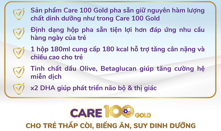 Thùng sữa nước Nutricare Care 100 Gold - phát triển toàn diện cho trẻ từ 1 tuổi (110ml x 48 hộp)