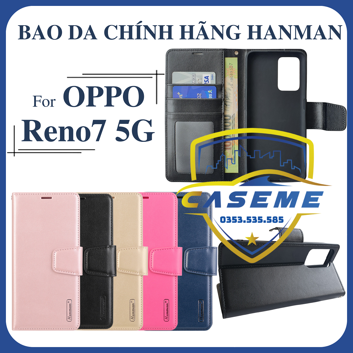 Bao da dạng ví dành cho OPPO Reno7 5G hiệu Hanman có quai cài - Hàng Chính Hãng