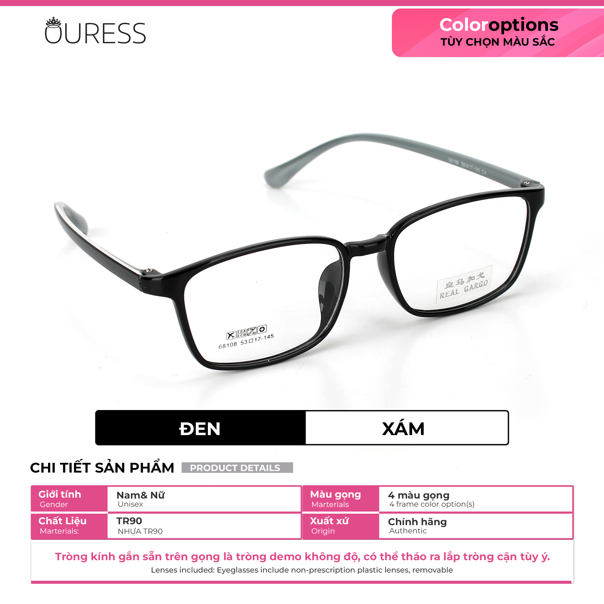 Gọng kính nhựa 68108 thời trang nam nữ siêu nhẹ siêu bền OURESS