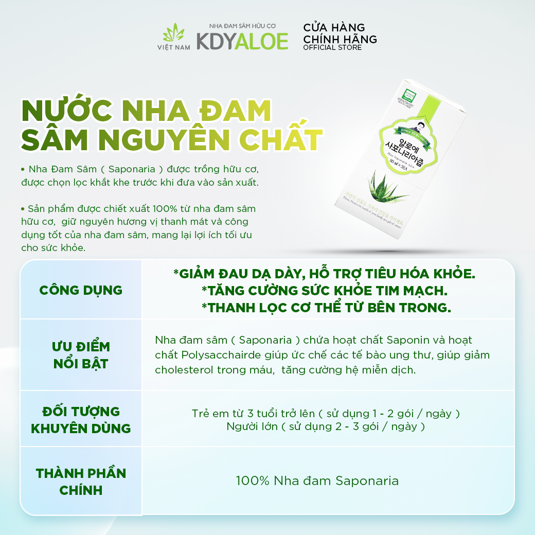 NƯỚC NHA ĐAM SÂM HỮU CƠ NGUYÊN CHẤT 100% GÓI 100ML HỖ TRỢ TIÊU HÓA