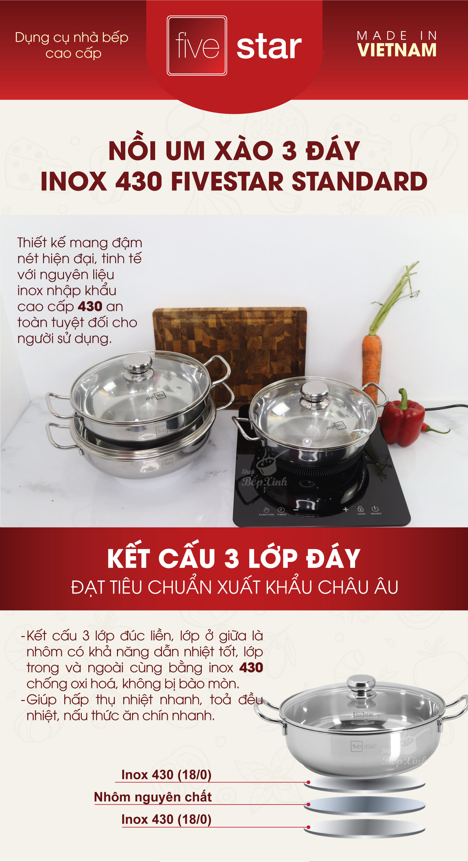 Nồi lẩu 3 đáy inox 430 Fivestar sử dụng bếp từ nắp kính tặng 2 vá canh ( 24cm / 26cm / 28cm )