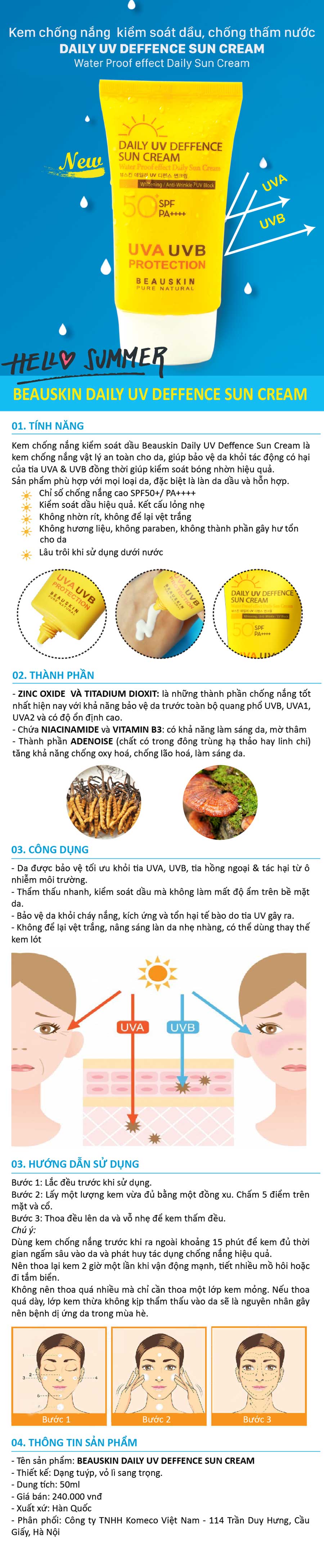 Kem chống nắng bảo vệ kiểm soát bóng nhờn lâu trôi Beauskin Daily UV Deffence Sun Cream, Hàn Quốc 50 ml