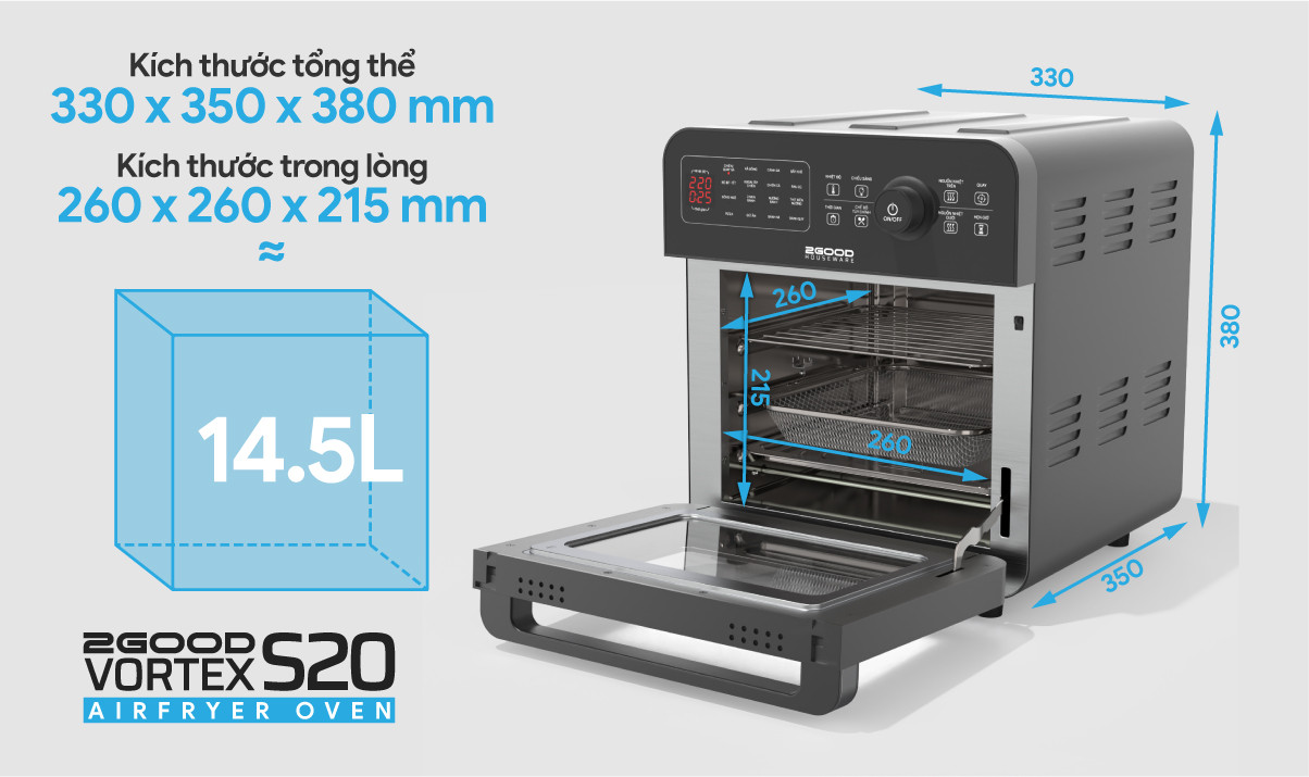 Nồi Chiên Không Dầu 2GOOD Vortex S-20, Lõi Inox 304BA bóng (14.5L) - Hàng Chính hãng