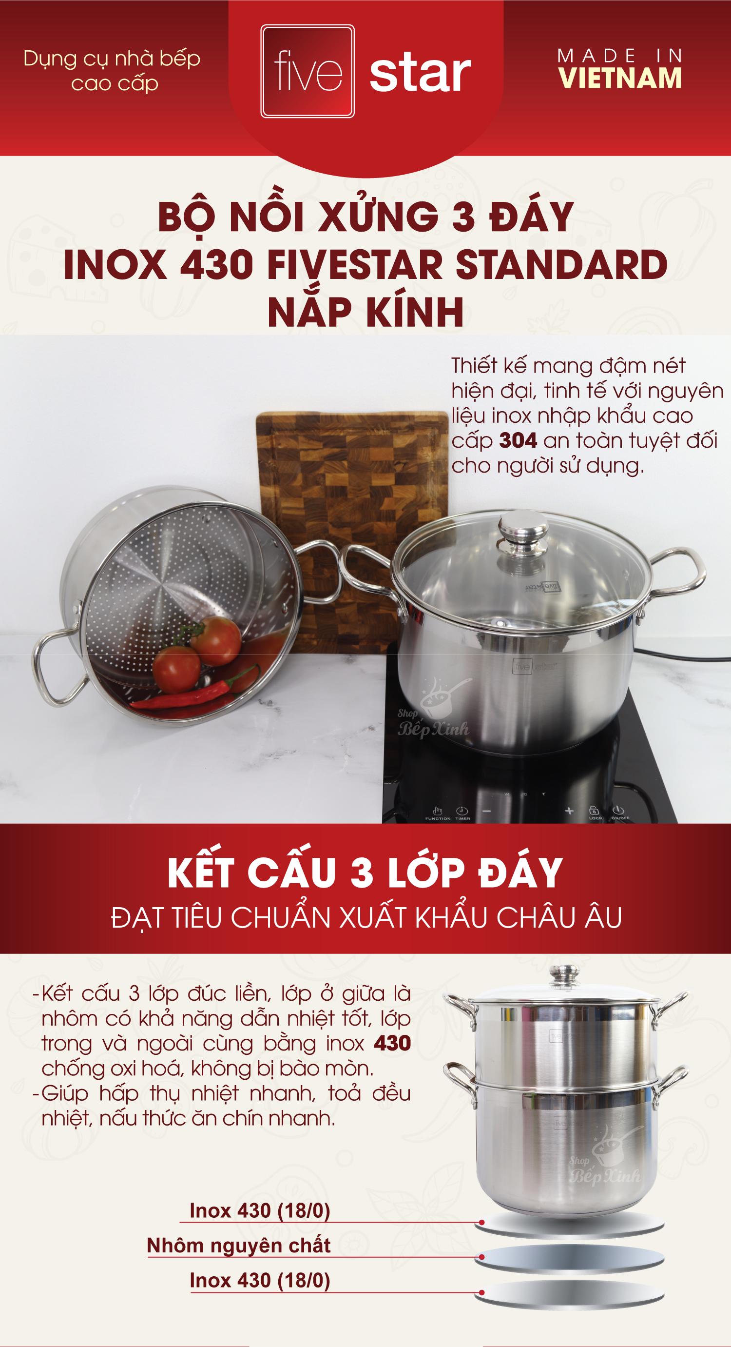 Bộ nồi xửng hấp inox cao cấp Fivestar 3 đáy từ nắp kính tặng 2 muỗng canh