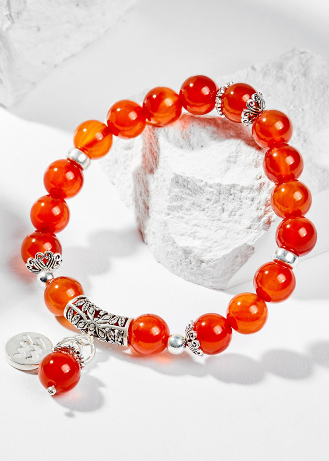 Vòng Tay Phong Thủy Nữ Đá Mã Não Đỏ Phối Charm Cung Hoàng Đạo Bảo Bình (8mm) Mệnh Hỏa, Thổ