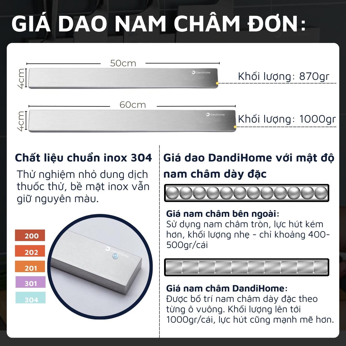 Giá dao nam châm vĩnh cửu Inox 304 DandiHome cao cấp