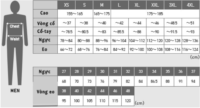 bảng size quần áo thể thao nam 