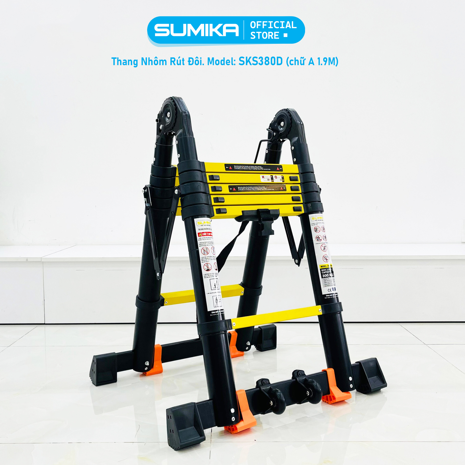 Thang nhôm rút đôi SUMIKA SKS380D, sơn tĩnh điện, rút chữ A cao 1.9m, rút chữ I cao 3.8m, tải trọng 300kg