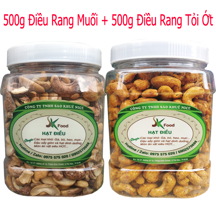 Combo 2 hũ: 500G HẠT ĐIỀU RANG TỎI ỚT+500G HẠT ĐIỀU BỂ RANG MUỐI HIỆU SK FOOD